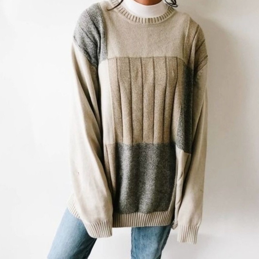 Dockers Patchwork Knit Sweater Womens 2XLT Oversized Beige Grey Cotton Pullover‎